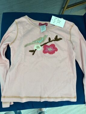 Mimi & Maggie Light Pink Long-Sleeve Top with Bird & Floral Embroidery